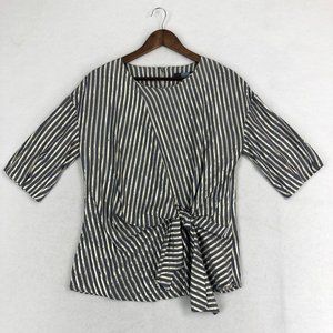 Eva Franco Women's Size 6 Blue White Gold Lurex Striped Tie Front Blouse